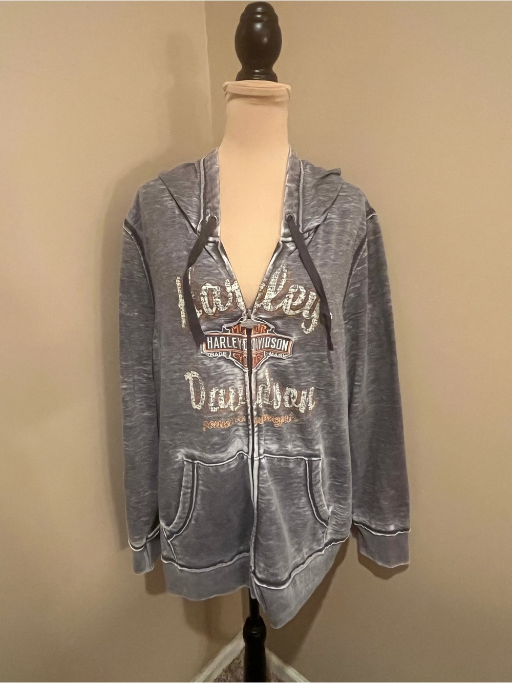 Harley-Davidson Vintage-Wash Lightweight Gray Zip Hoodie Logo & logo tab, 2X
